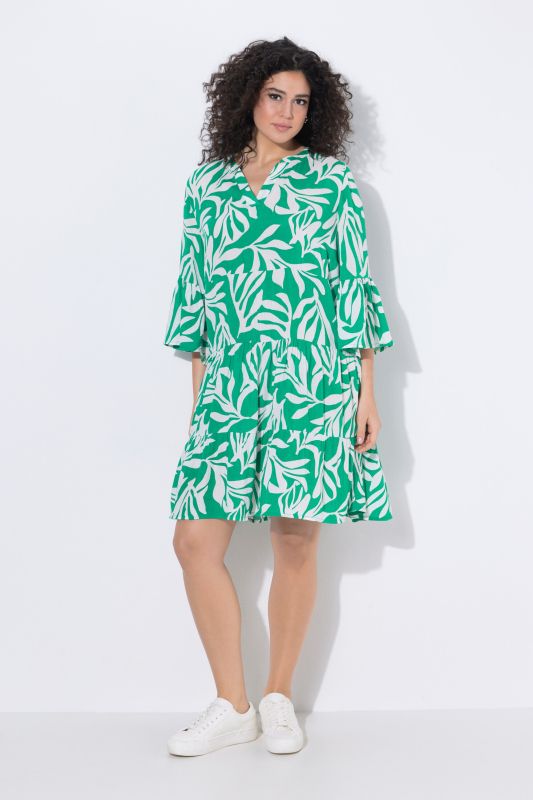 Leafy Print Flounce Panel Midi Dress