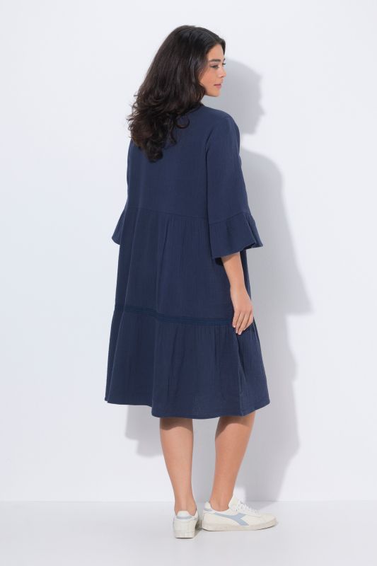 Textured Muslin 3/4 Sleeve Flounce Panel Dress