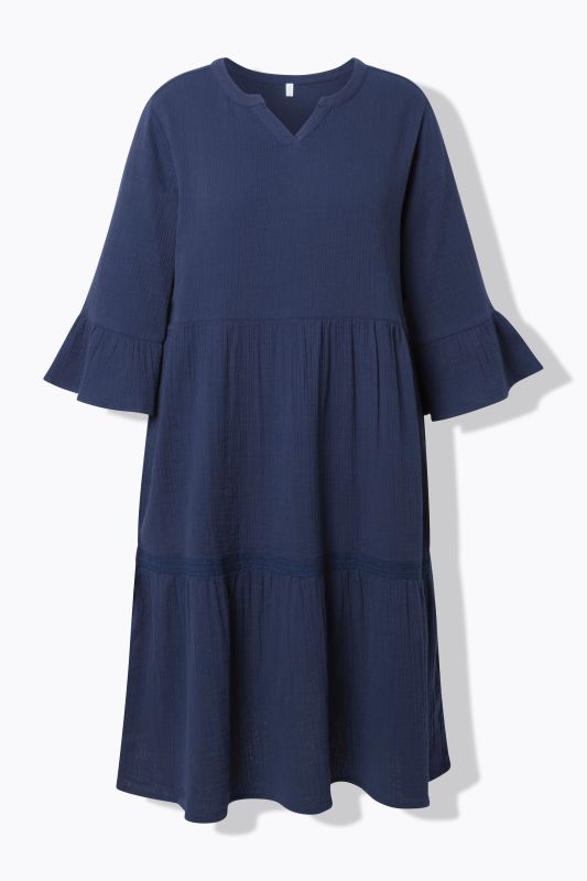 Textured Muslin 3/4 Sleeve Flounce Panel Dress