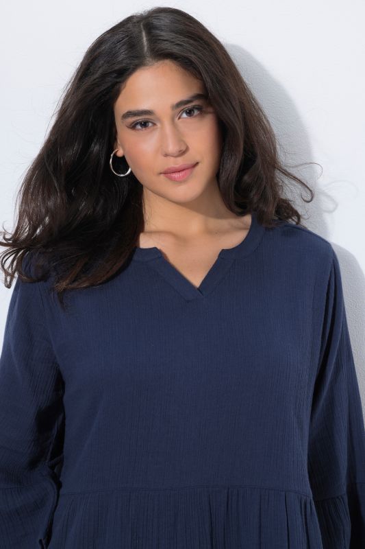 Textured Muslin 3/4 Sleeve Flounce Panel Dress