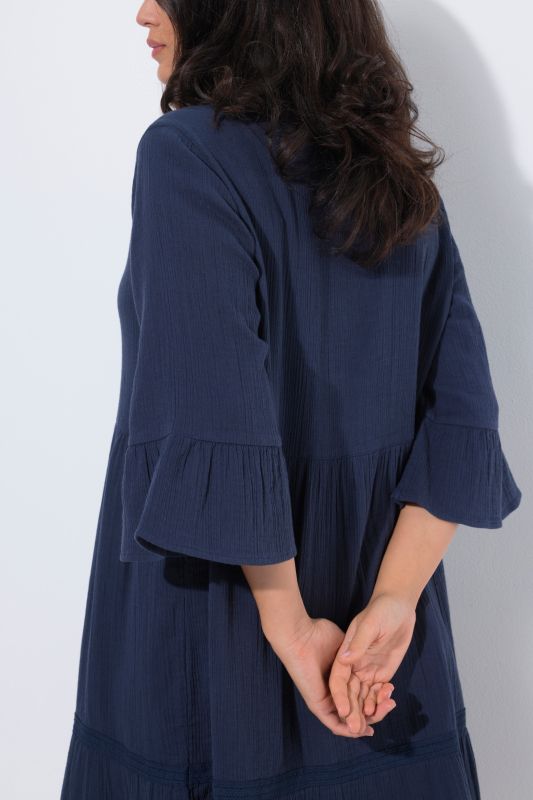 Textured Muslin 3/4 Sleeve Flounce Panel Dress