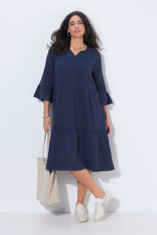 Textured Muslin 3/4 Sleeve Flounce Panel Dress