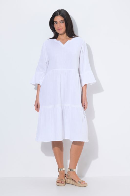 Textured Muslin 3/4 Sleeve Flounce Panel Dress