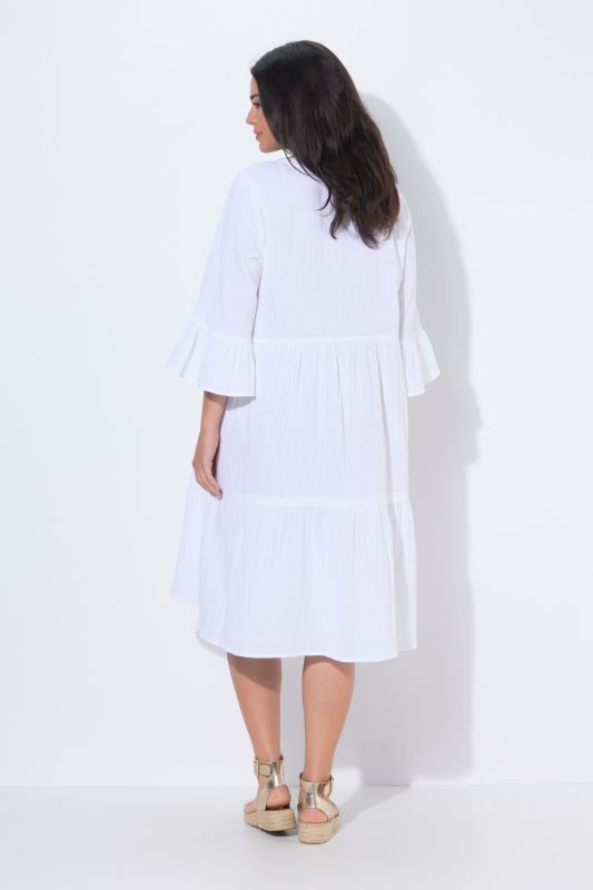 Textured Muslin 3/4 Sleeve Flounce Panel Dress