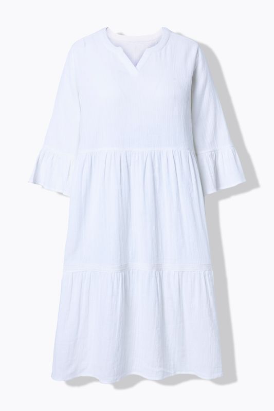 Textured Muslin 3/4 Sleeve Flounce Panel Dress