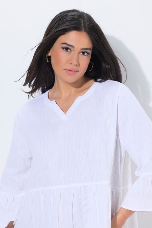 Textured Muslin 3/4 Sleeve Flounce Panel Dress