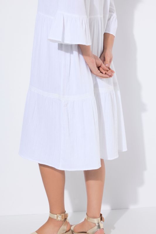 Textured Muslin 3/4 Sleeve Flounce Panel Dress