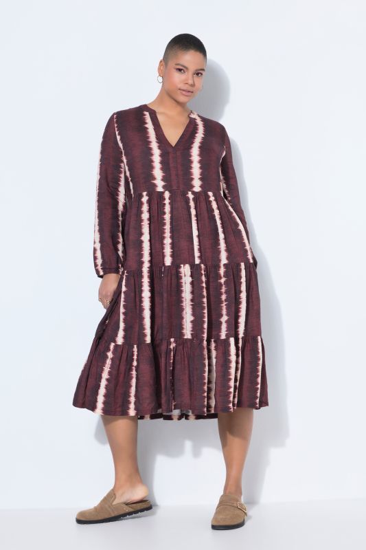 Batik Stripe Flounce Panel Long Sleeve Dress