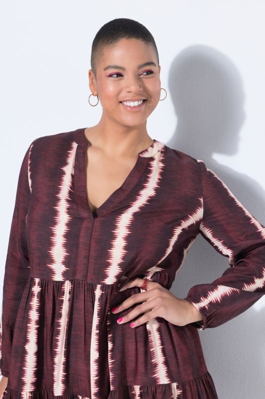 Batik Stripe Flounce Panel Long Sleeve Dress