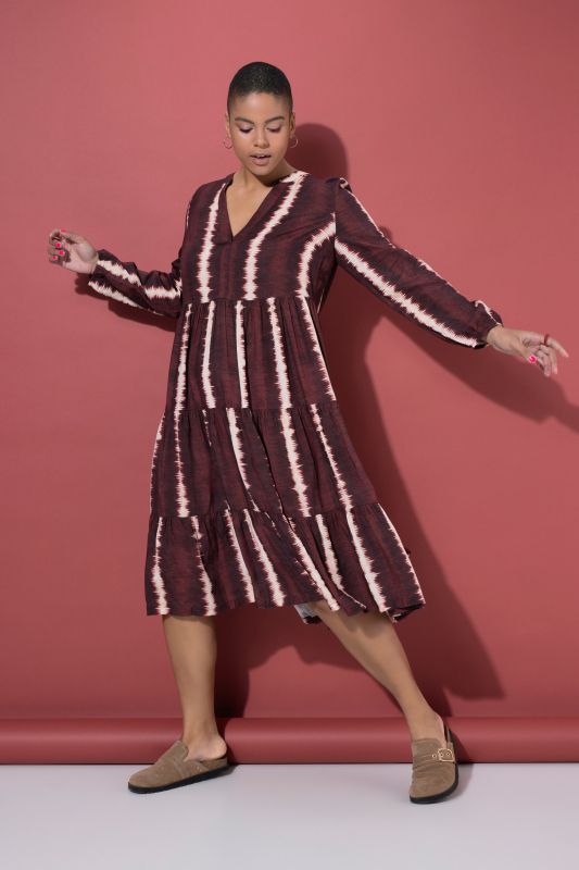 Batik Stripe Flounce Panel Long Sleeve Dress