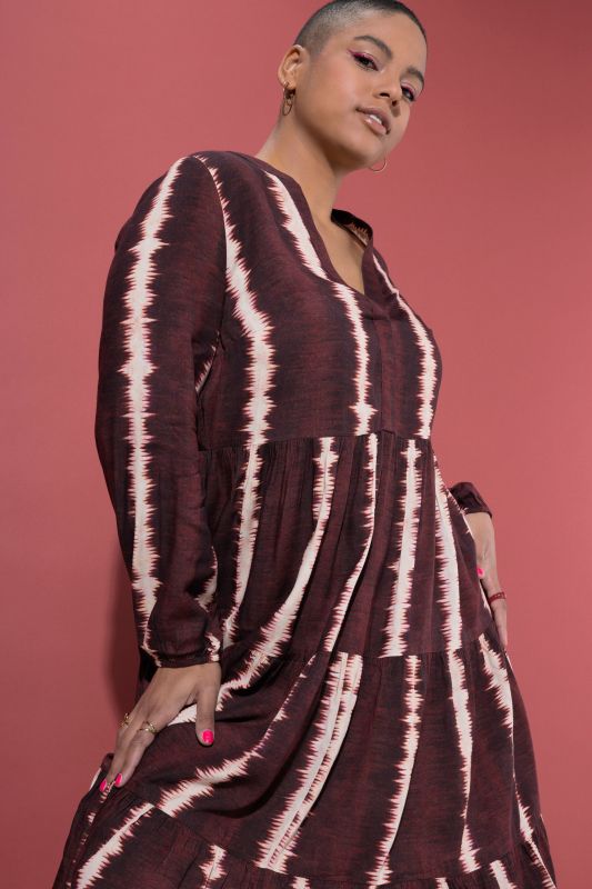 Batik Stripe Flounce Panel Long Sleeve Dress