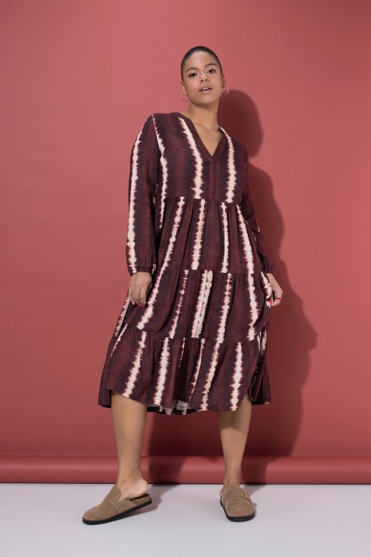 Batik Stripe Flounce Panel Long Sleeve Dress