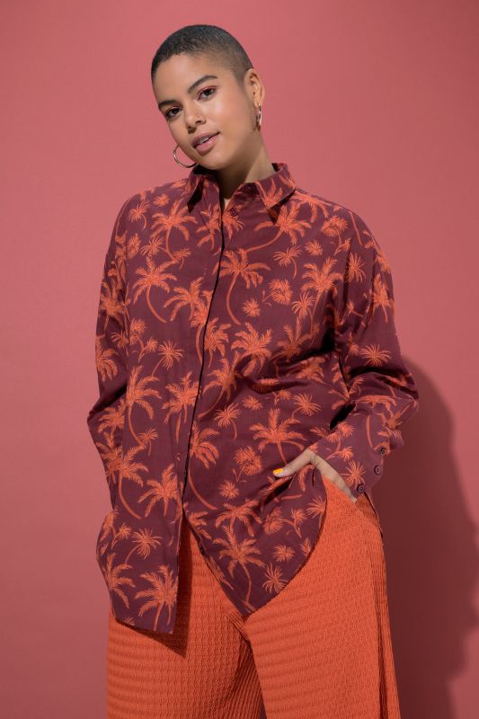 Palm Tree Print Button-Down Blouse