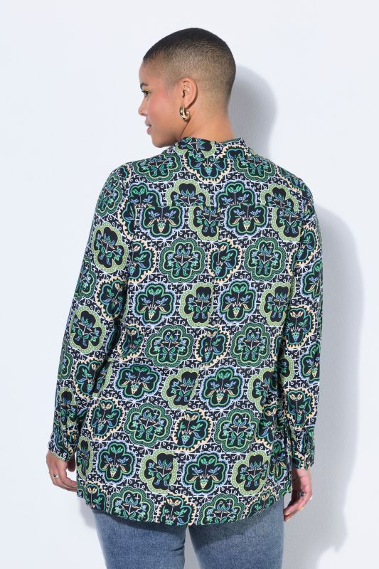 Floral Mosaic Print Button-Down Tunic Blouse