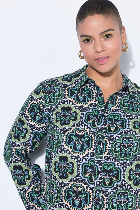 Floral Mosaic Print Button-Down Tunic Blouse