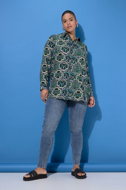 Floral Mosaic Print Button-Down Tunic Blouse