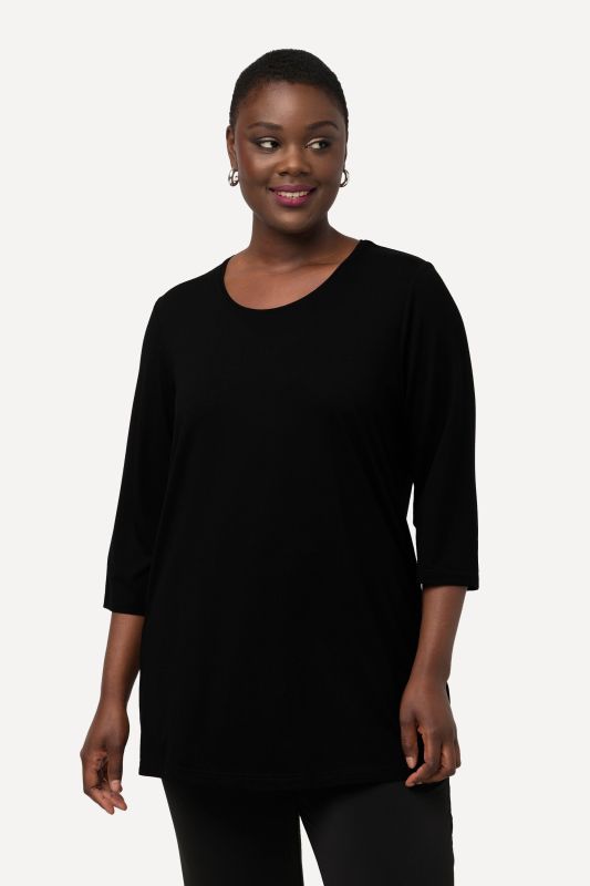 Silky Stretch Knit Round Neck 3/4 Sleeve Relaxed Fit Top