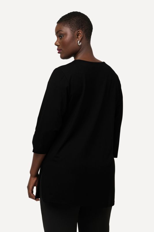 Silky Stretch Knit Round Neck 3/4 Sleeve Relaxed Fit Top