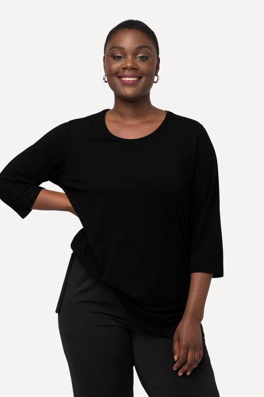 Silky Stretch Knit Round Neck 3/4 Sleeve Relaxed Fit Top