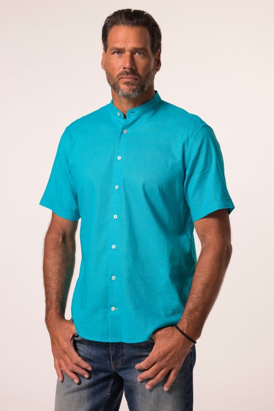 Shirt, short-sleeved, linen blend, stand-up collar, modern fit
