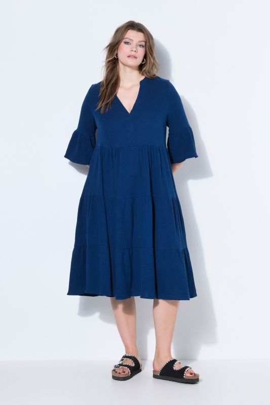 Maxi dress, A-line, muslin, stand-up collar, flounces, 3/4 sleeves