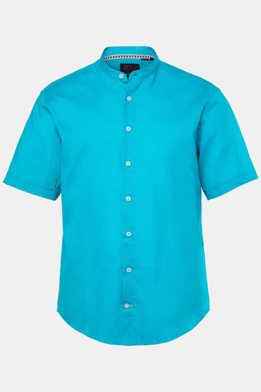 Shirt, short-sleeved, linen blend, stand-up collar, modern fit