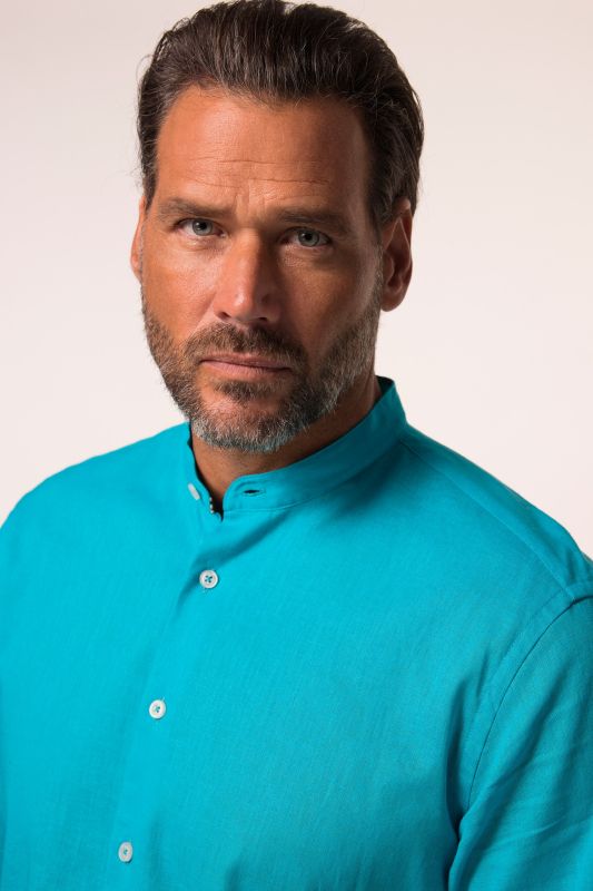 Shirt, short-sleeved, linen blend, stand-up collar, modern fit