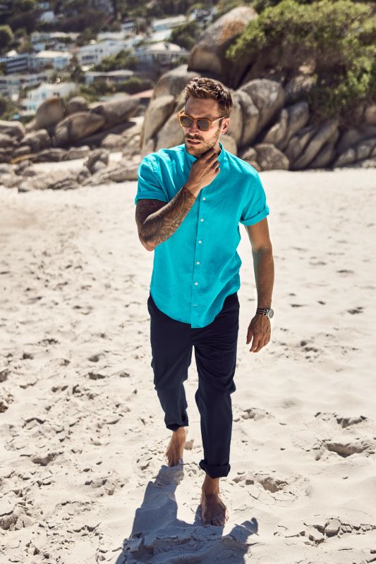 Shirt, short-sleeved, linen blend, stand-up collar, modern fit