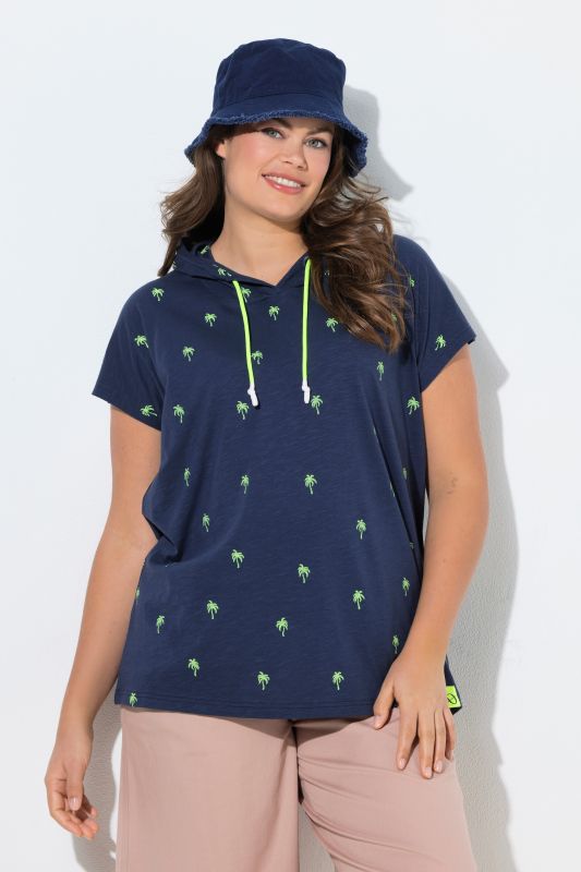 Palm Tree Print Hooded Cap Sleeve Tee