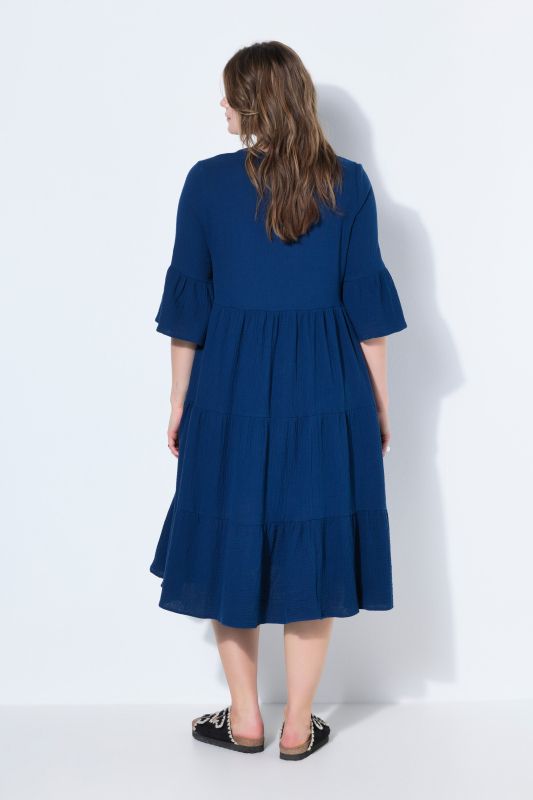 Maxi dress, A-line, muslin, stand-up collar, flounces, 3/4 sleeves