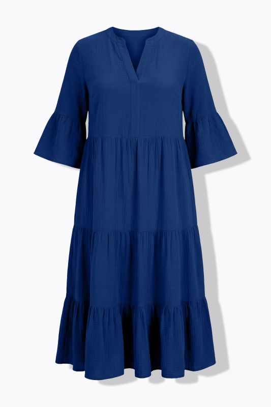 Maxi dress, A-line, muslin, stand-up collar, flounces, 3/4 sleeves