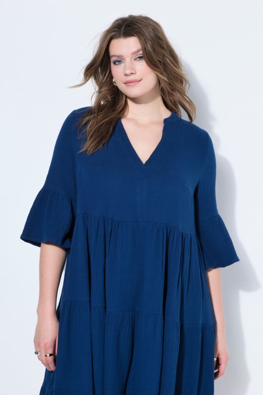 Maxi dress, A-line, muslin, stand-up collar, flounces, 3/4 sleeves