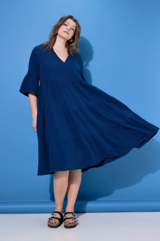 Maxi dress, A-line, muslin, stand-up collar, flounces, 3/4 sleeves