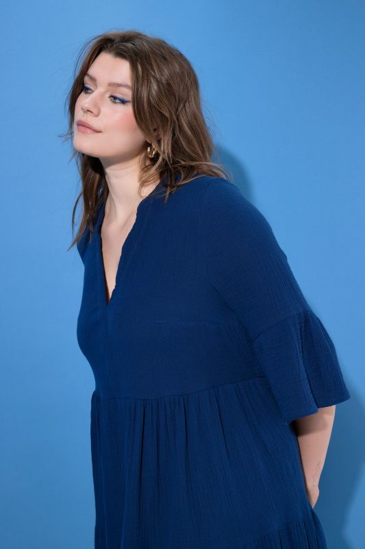 Maxi dress, A-line, muslin, stand-up collar, flounces, 3/4 sleeves