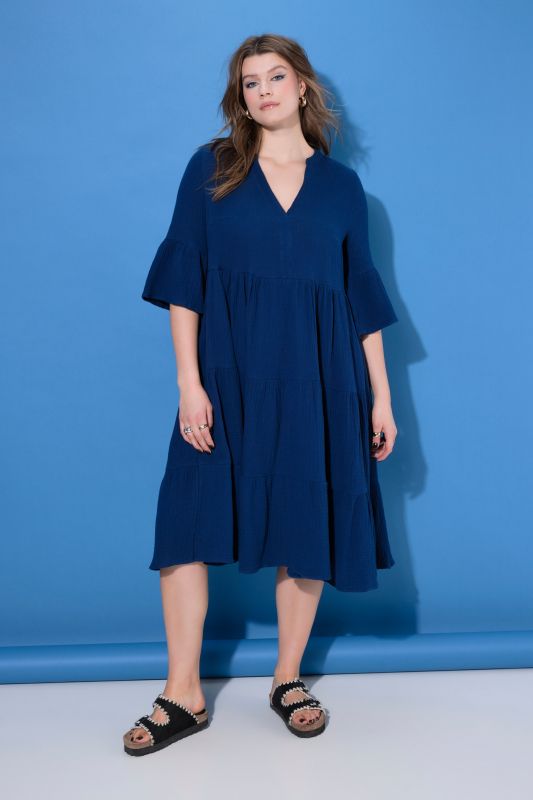 Maxi dress, A-line, muslin, stand-up collar, flounces, 3/4 sleeves