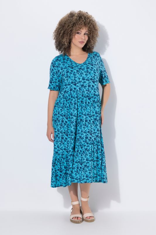 Leaf Print Short Sleeve Asymmetric Flounce Panel Dress