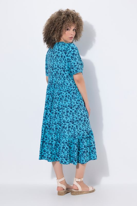 Leaf Print Short Sleeve Asymmetric Flounce Panel Dress
