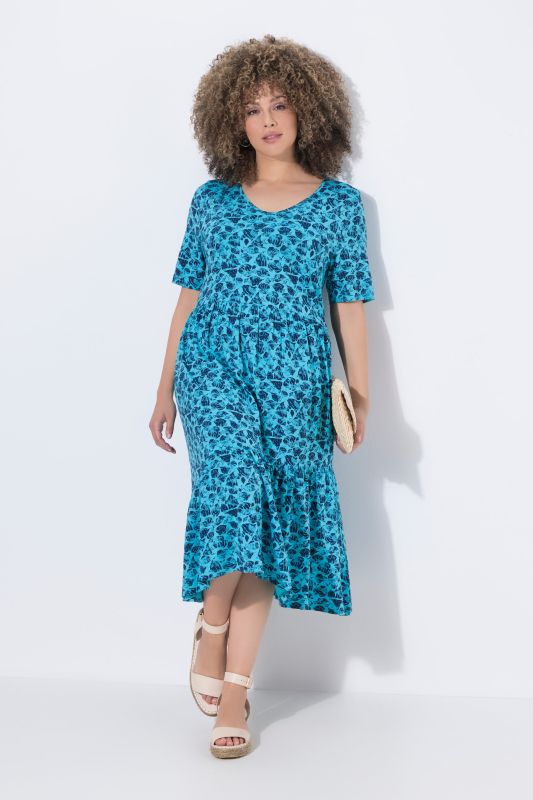 Leaf Print Short Sleeve Asymmetric Flounce Panel Dress