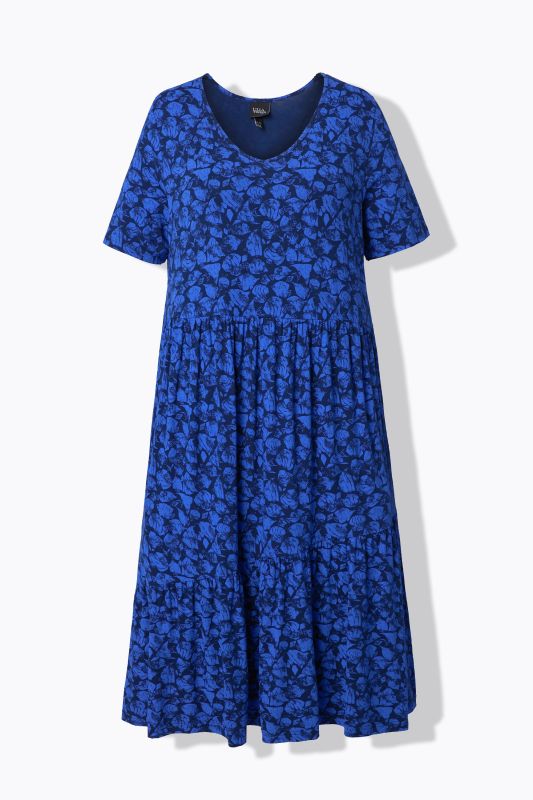 Leaf Print Short Sleeve Asymmetric Flounce Panel Dress