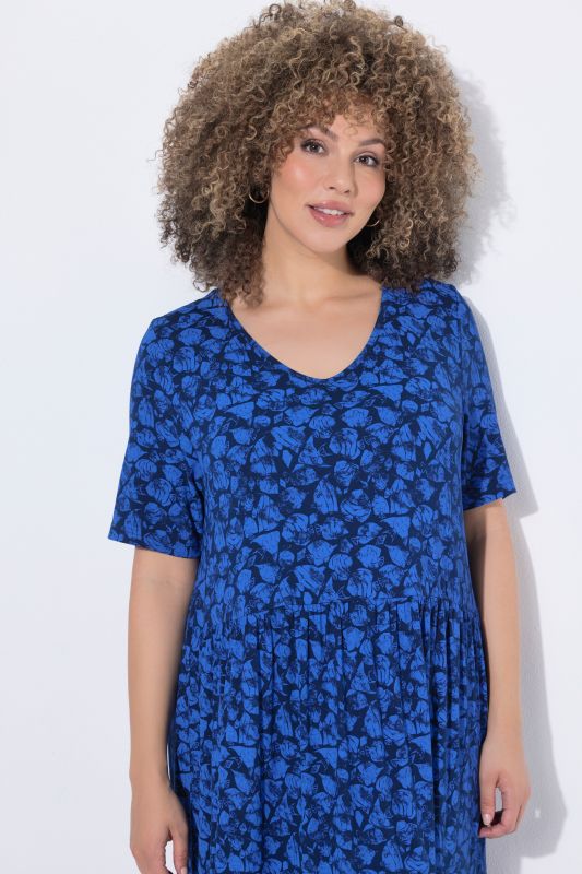 Leaf Print Short Sleeve Asymmetric Flounce Panel Dress