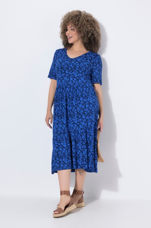 Leaf Print Short Sleeve Asymmetric Flounce Panel Dress
