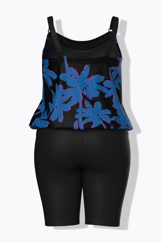 Midnight Palm Elastic Hem Tankini Set