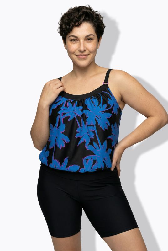 Midnight Palm Elastic Hem Tankini Set