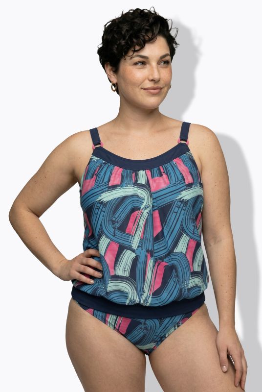 Brushstroke Print Elastic Hem Tankini Set