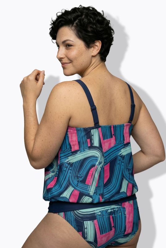 Brushstroke Print Elastic Hem Tankini Set