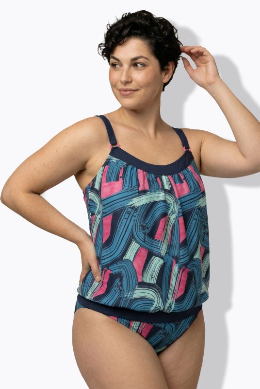 Brushstroke Print Elastic Hem Tankini Set