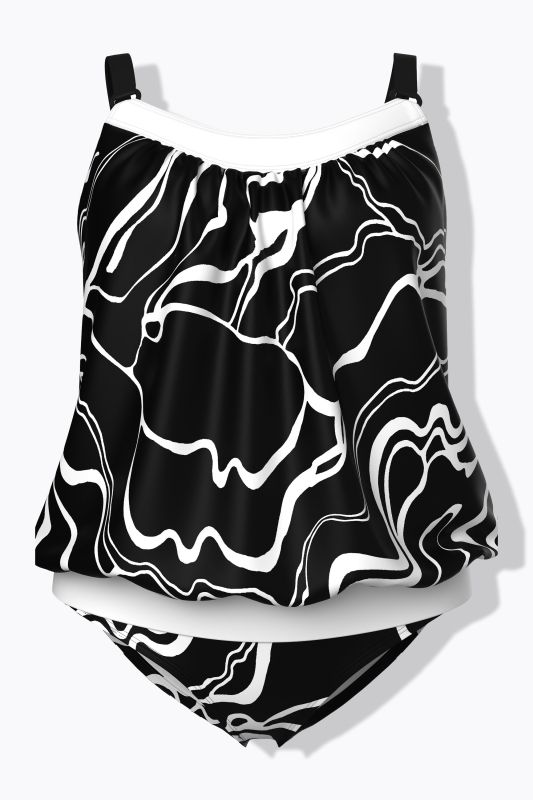 Marble Print Elastic Hem Tankini Set