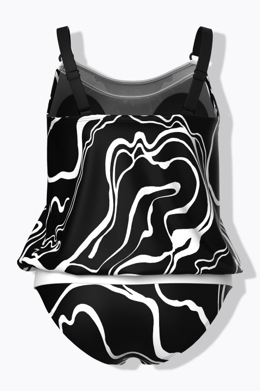 Marble Print Elastic Hem Tankini Set