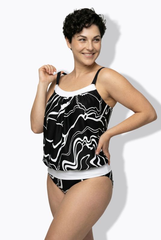 Marble Print Elastic Hem Tankini Set