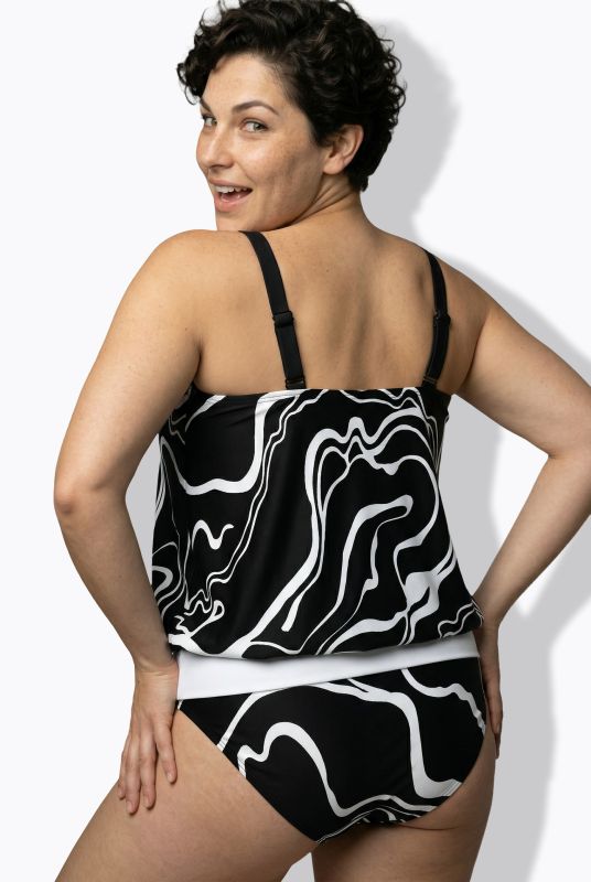 Marble Print Elastic Hem Tankini Set